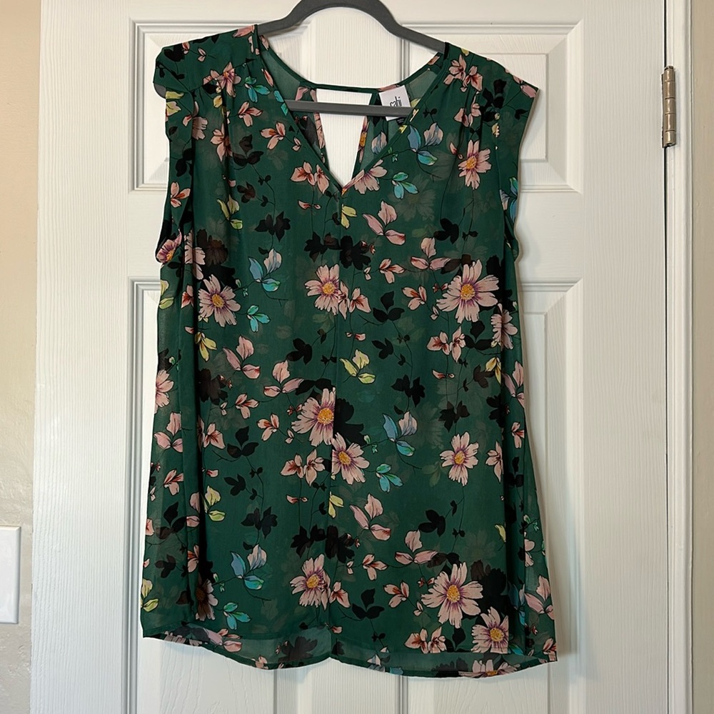 CAbi Green Floral Short Sleeve Tee